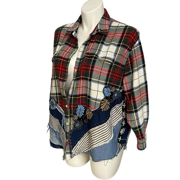 Flannel Shirt Womens 2XL Sugar Skull Shacket Upcycled Grunge Maximalist Rock - Picture 10 of 16